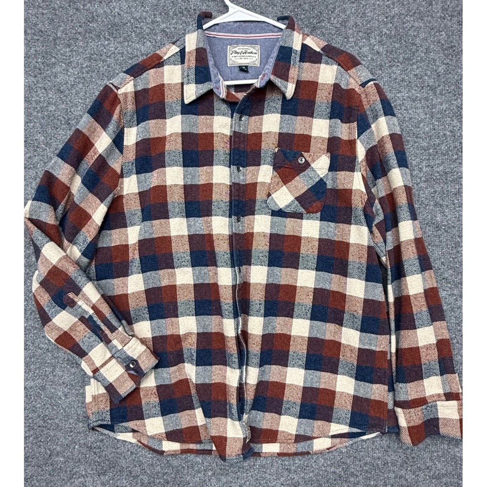 Flag & Anthem Mens XXL Plaid Flannel Shirt Rust Navy Herringbone Button Down